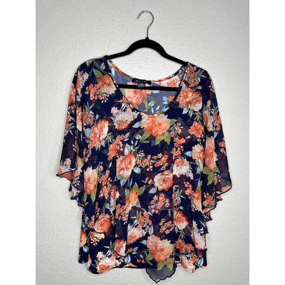 Adele & May Tops - Adele & May Blouse Womens XL Navy Blue Floral Chiffon Flutter Sleeve Layered Top